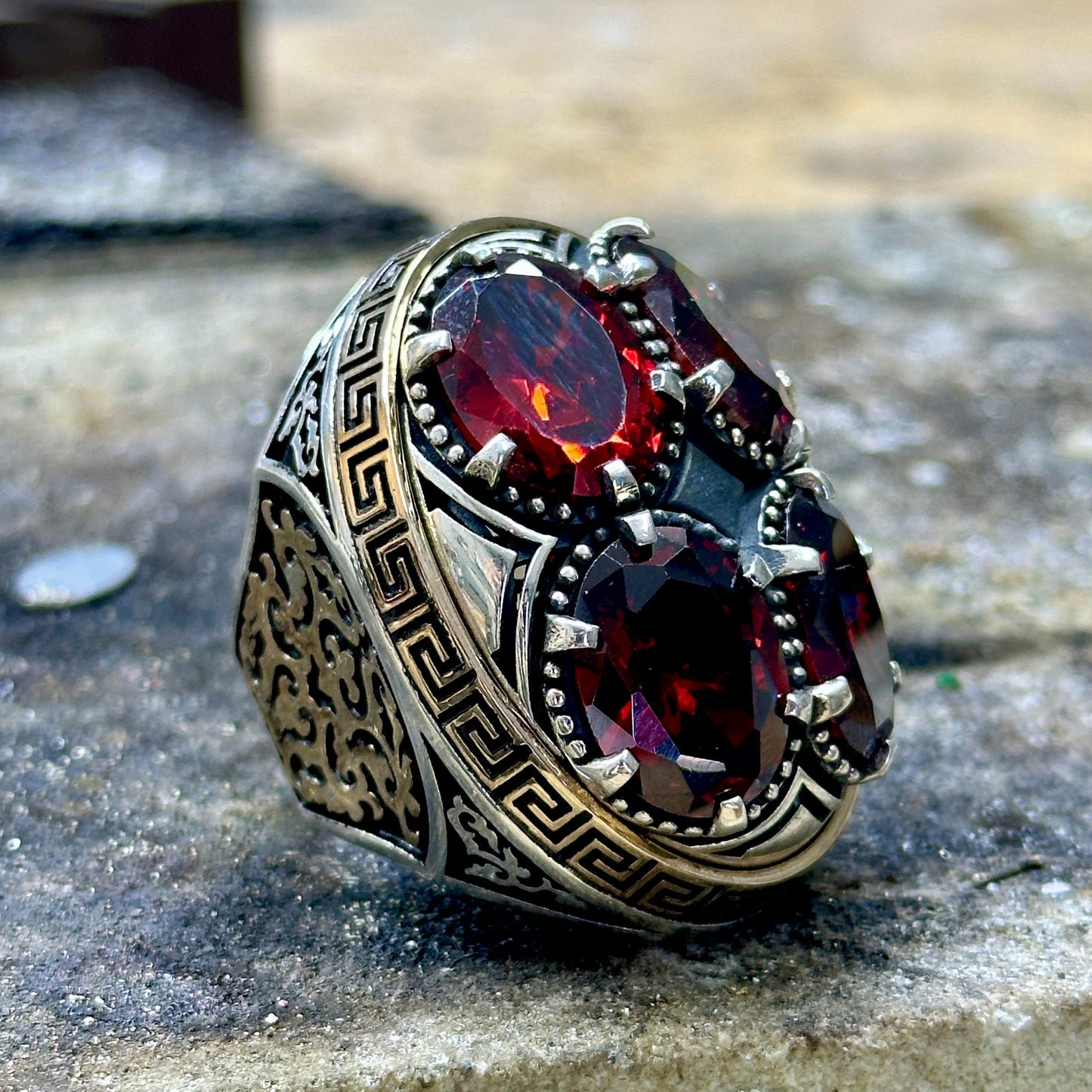 Men Silver Large Ruby Gemstone Ring Unique Greek Ottoman Ring