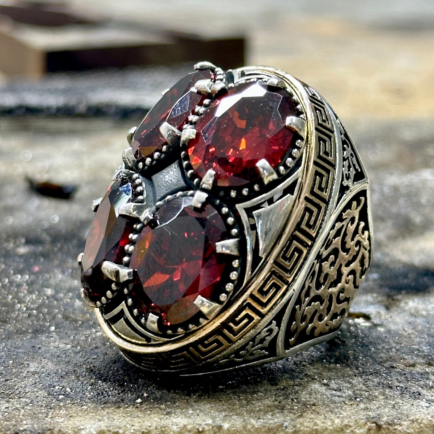 Men Silver Large Ruby Gemstone Ring Unique Greek Ottoman Ring