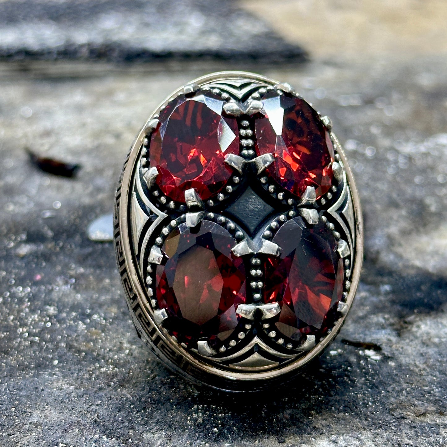 Men Silver Large Ruby Gemstone Ring Unique Greek Ottoman Ring