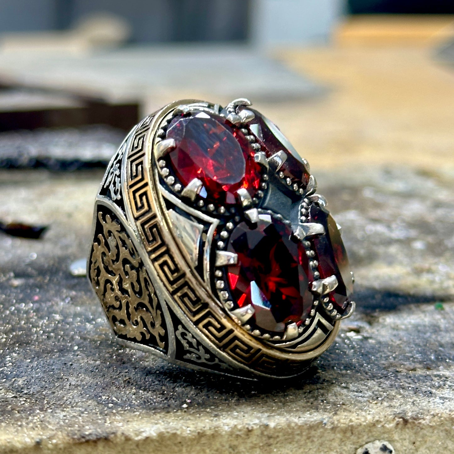 Men Silver Large Ruby Gemstone Ring Unique Greek Ottoman Ring