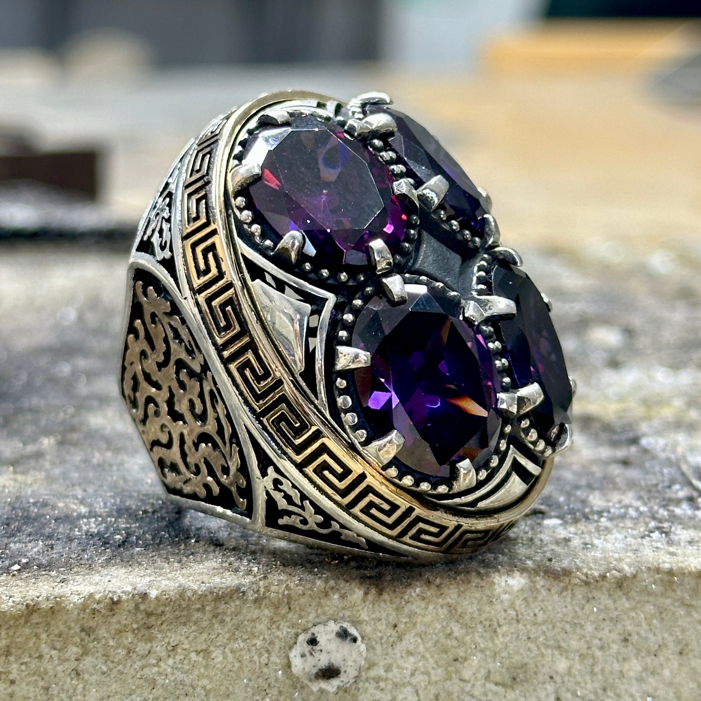 Men Silver Large Unique Amethyst Gemstone Handmade Ring