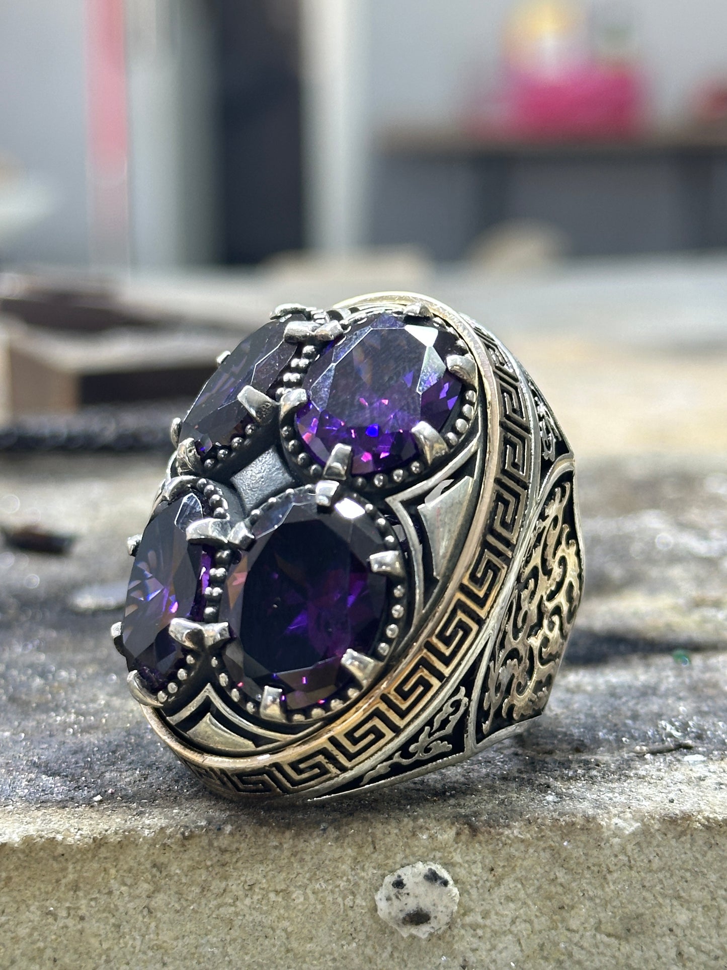 Men Silver Large Unique Amethyst Gemstone Handmade Ring