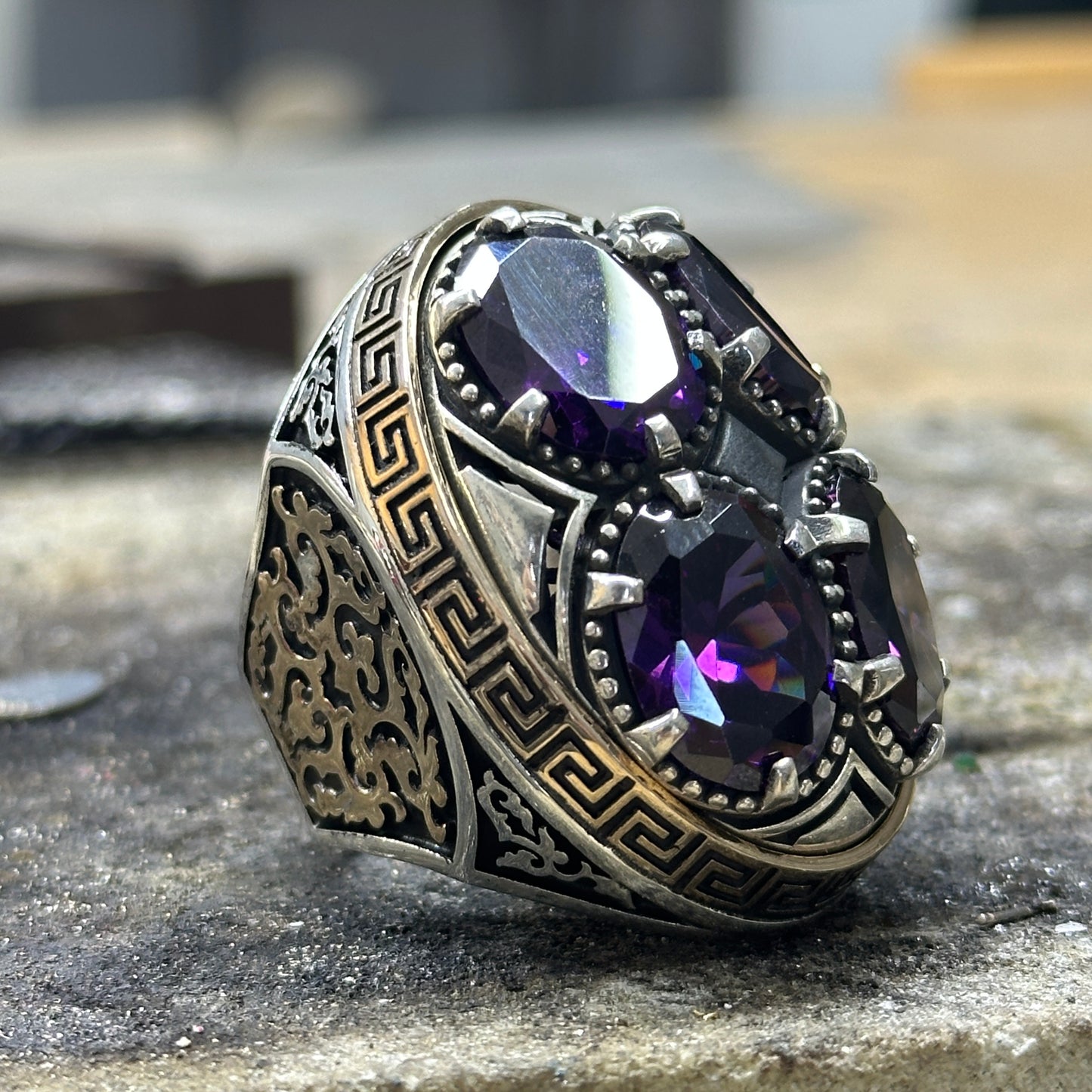 Men Silver Large Unique Amethyst Gemstone Handmade Ring