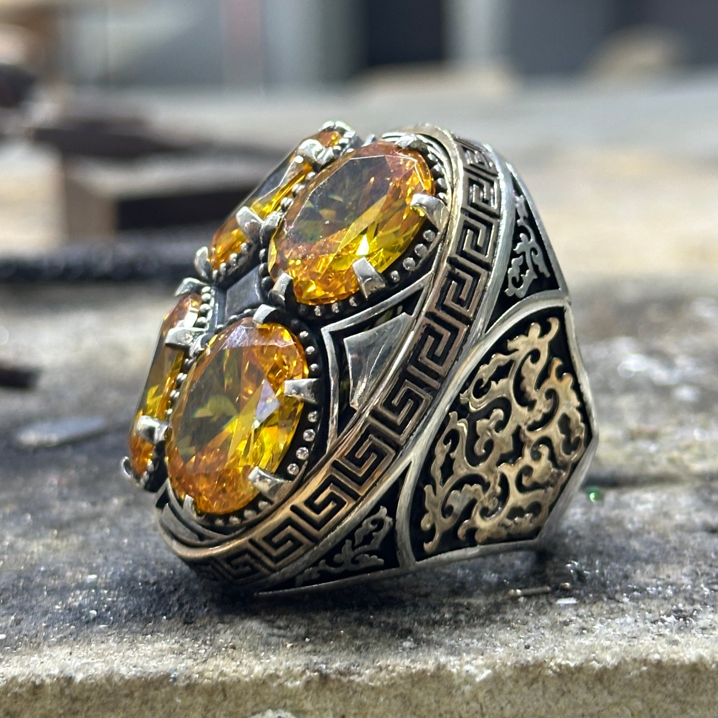 Men Silver Large Citrine Gemstone Handmade Ring