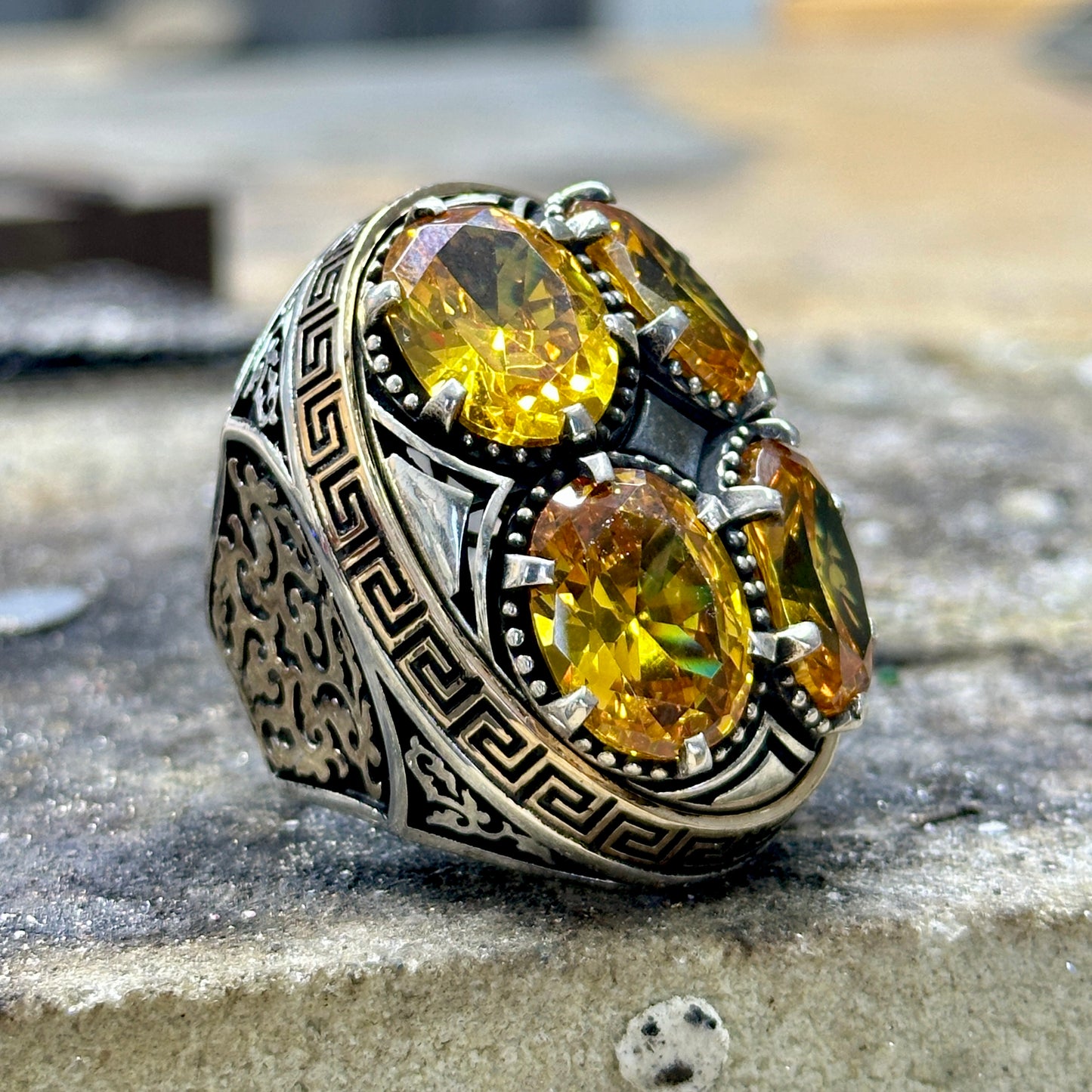 Men Silver Large Citrine Gemstone Handmade Ring