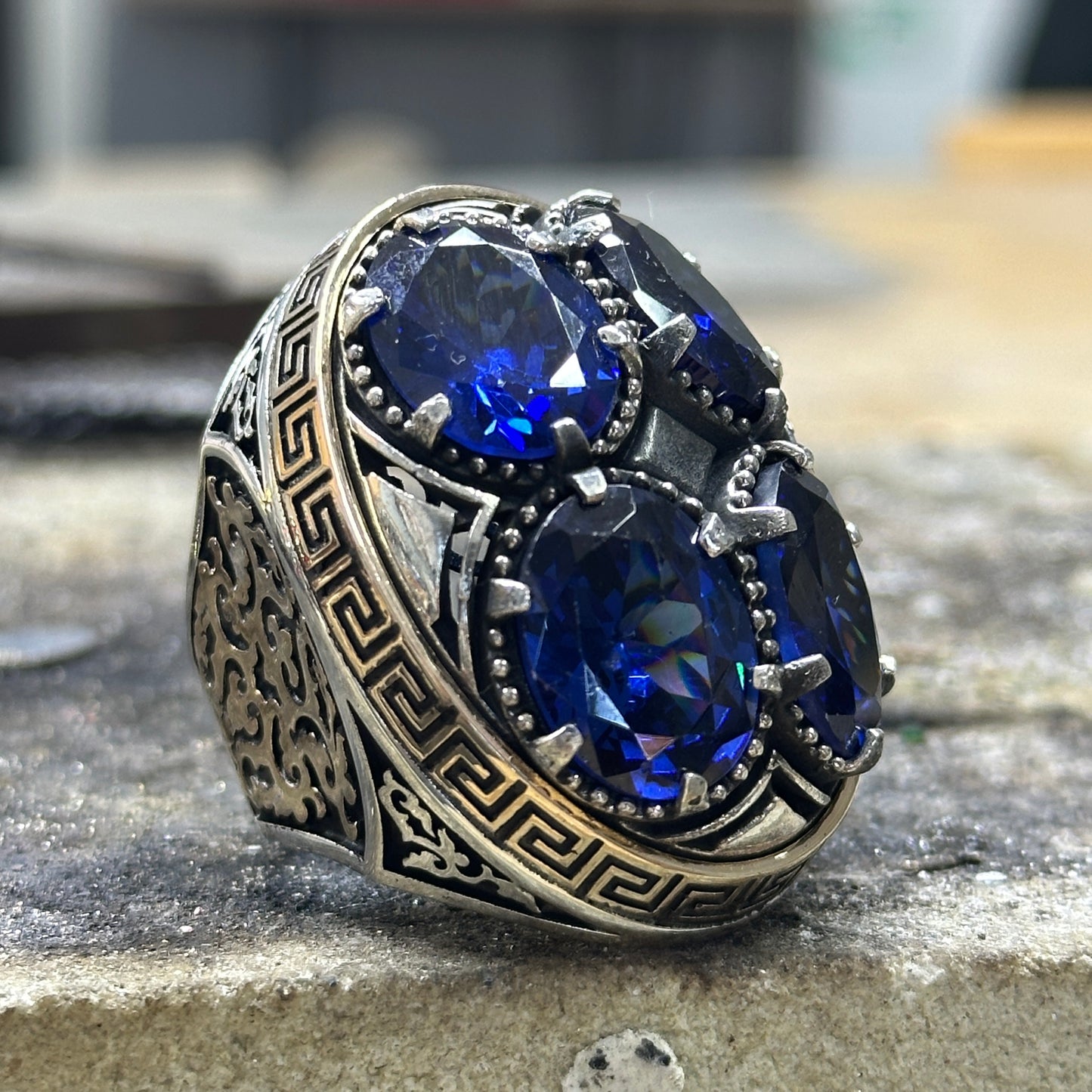 Men Silver Large Sapphire Gemstone Unique Men Ring