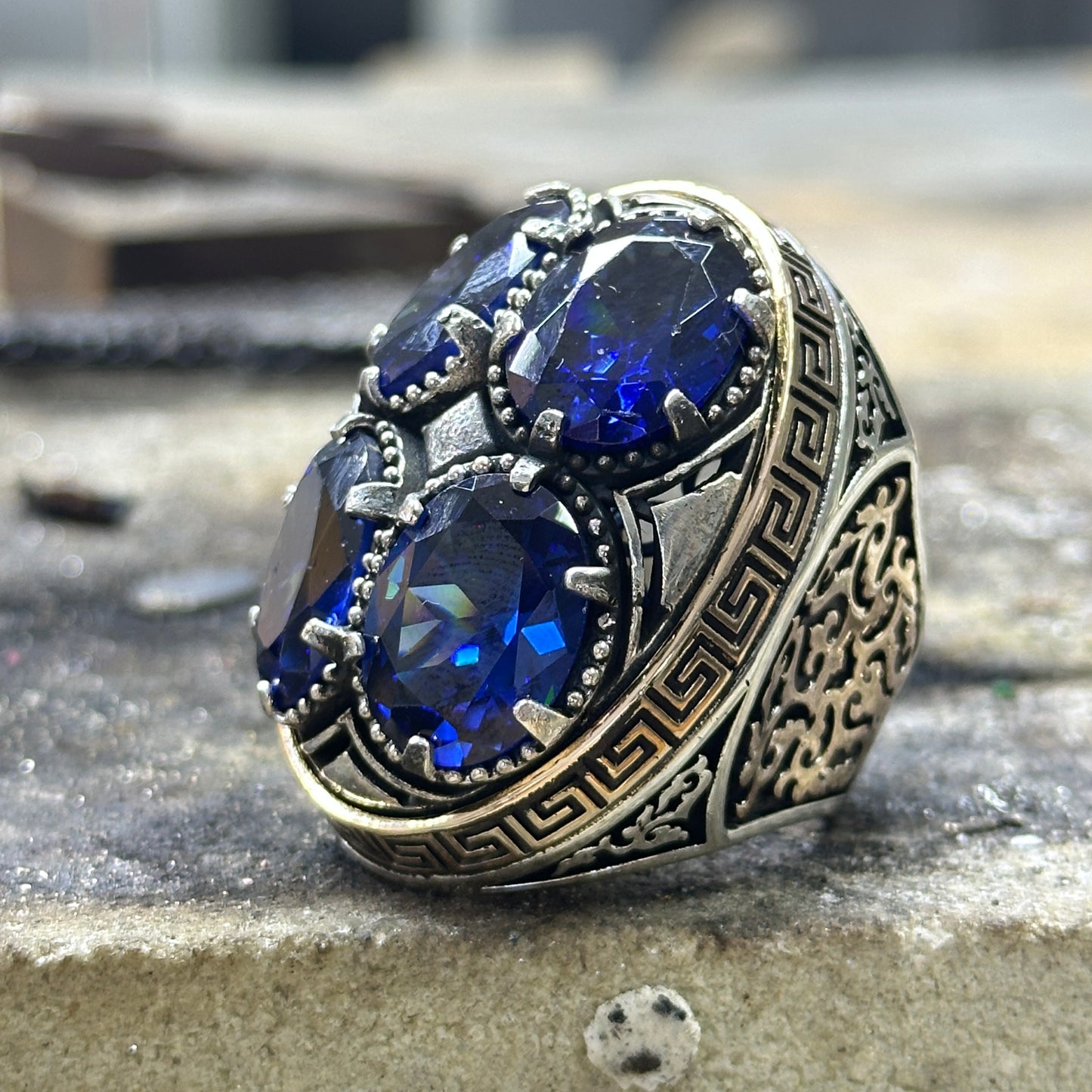 Men Silver Large Sapphire Gemstone Unique Men Ring