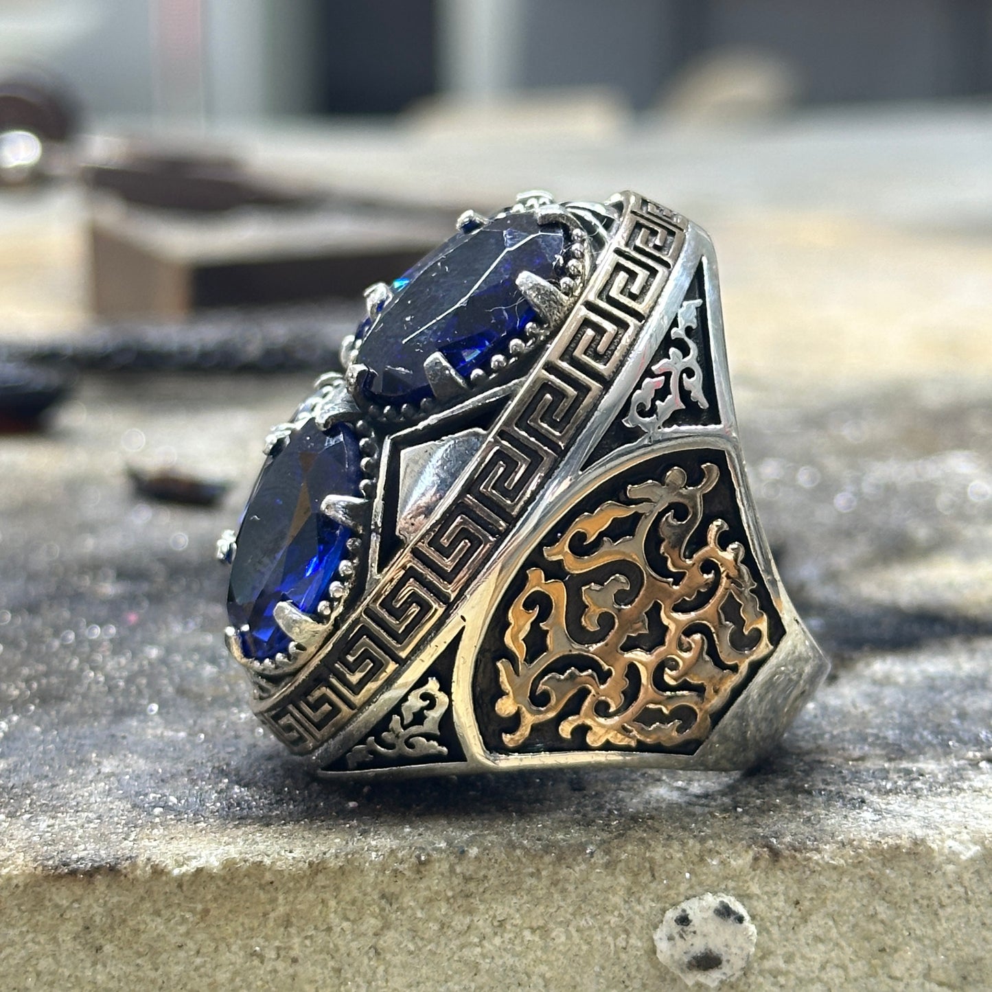 Men Silver Large Sapphire Gemstone Unique Men Ring