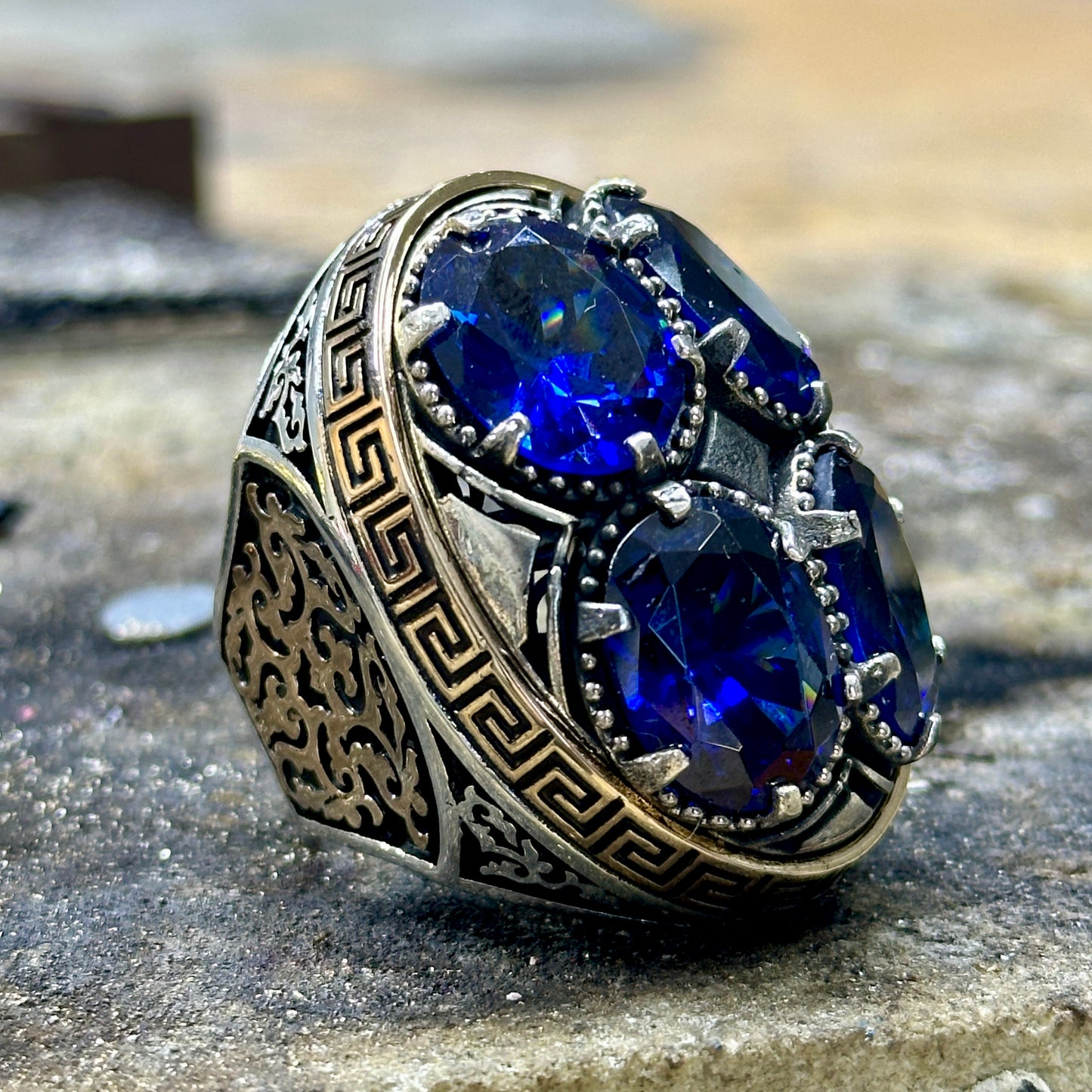 Men Silver Large Sapphire Gemstone Unique Men Ring