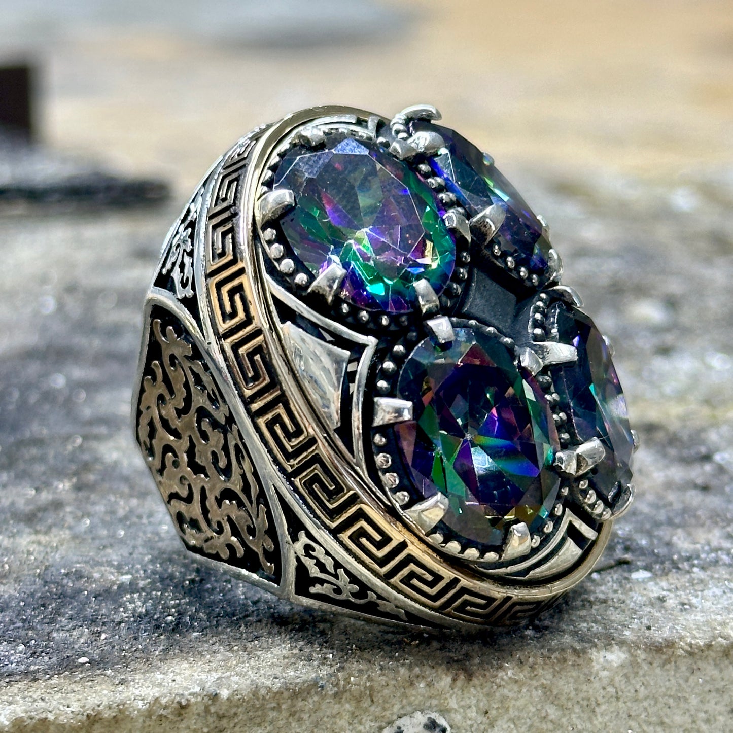 Silver Large Mystic Topaz Gemstone Ottoman Style Unique Ring