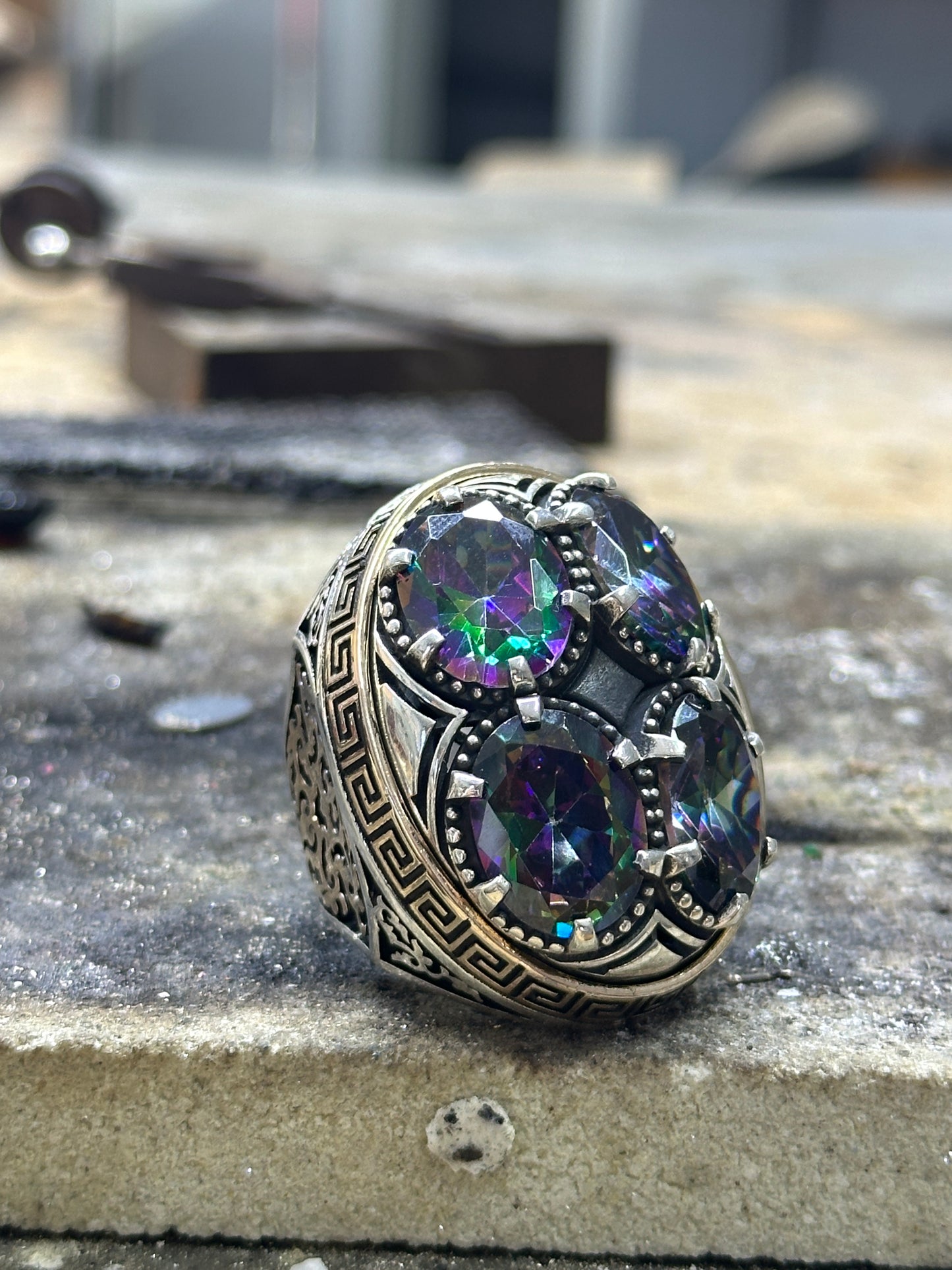 Silver Large Mystic Topaz Gemstone Ottoman Style Unique Ring