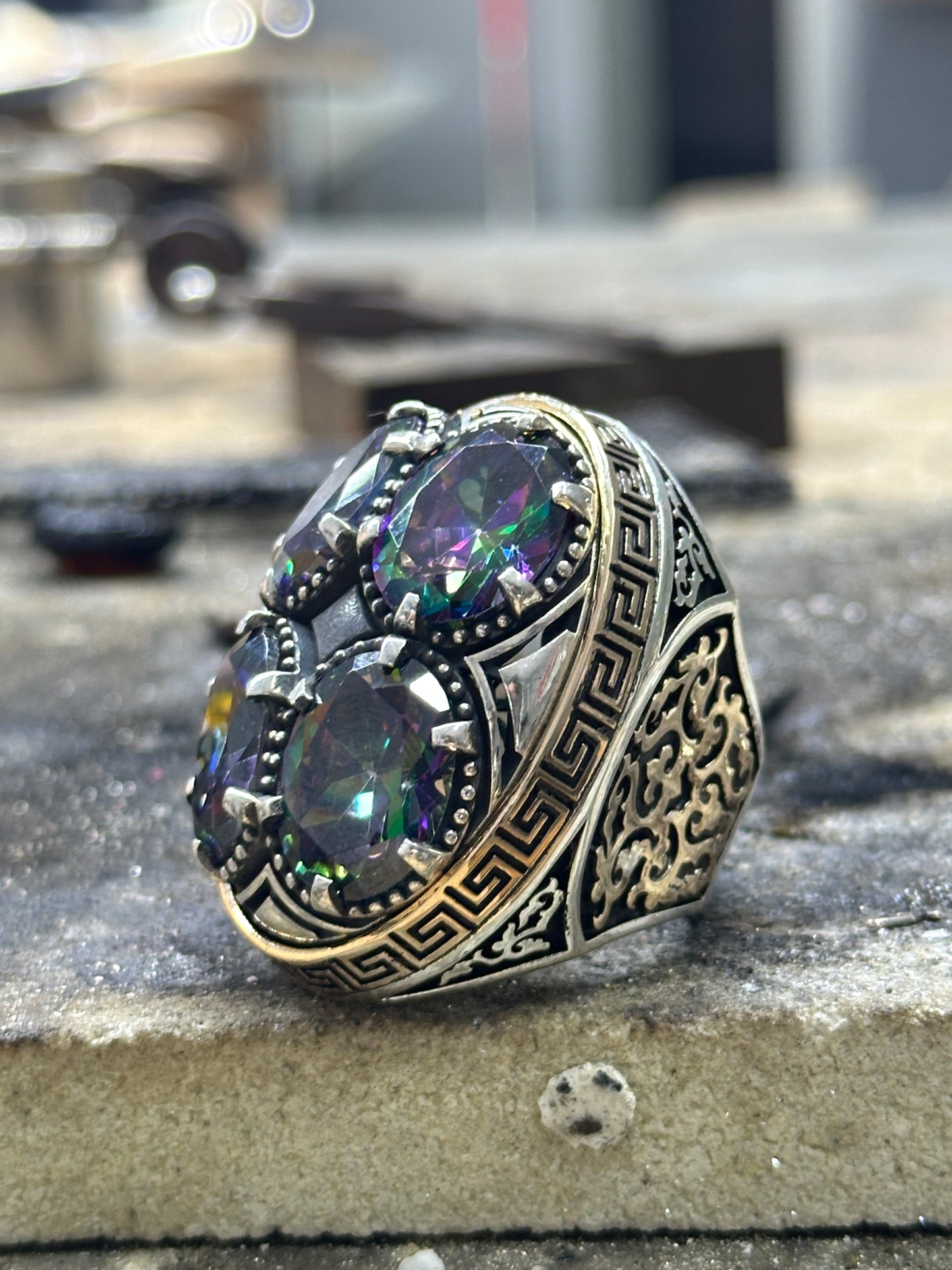 Silver Large Mystic Topaz Gemstone Ottoman Style Unique Ring