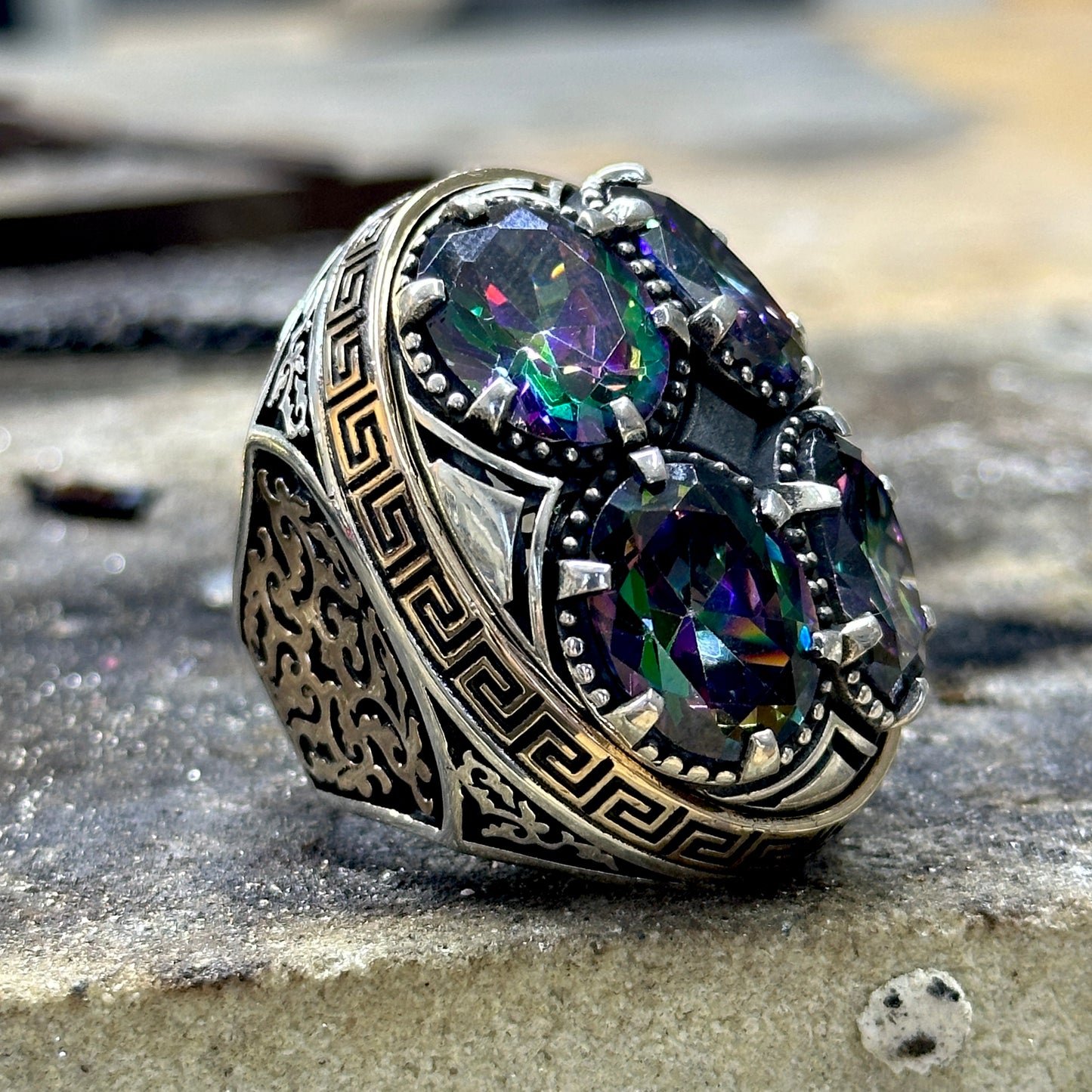 Silver Large Mystic Topaz Gemstone Ottoman Style Unique Ring