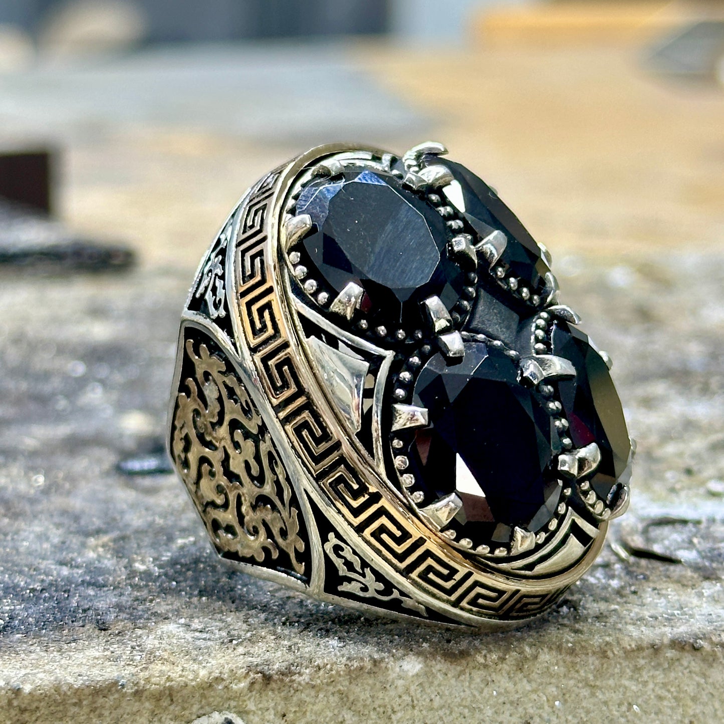 925 Silver Large Onyx Gemstone Greek Style Handmade Ring