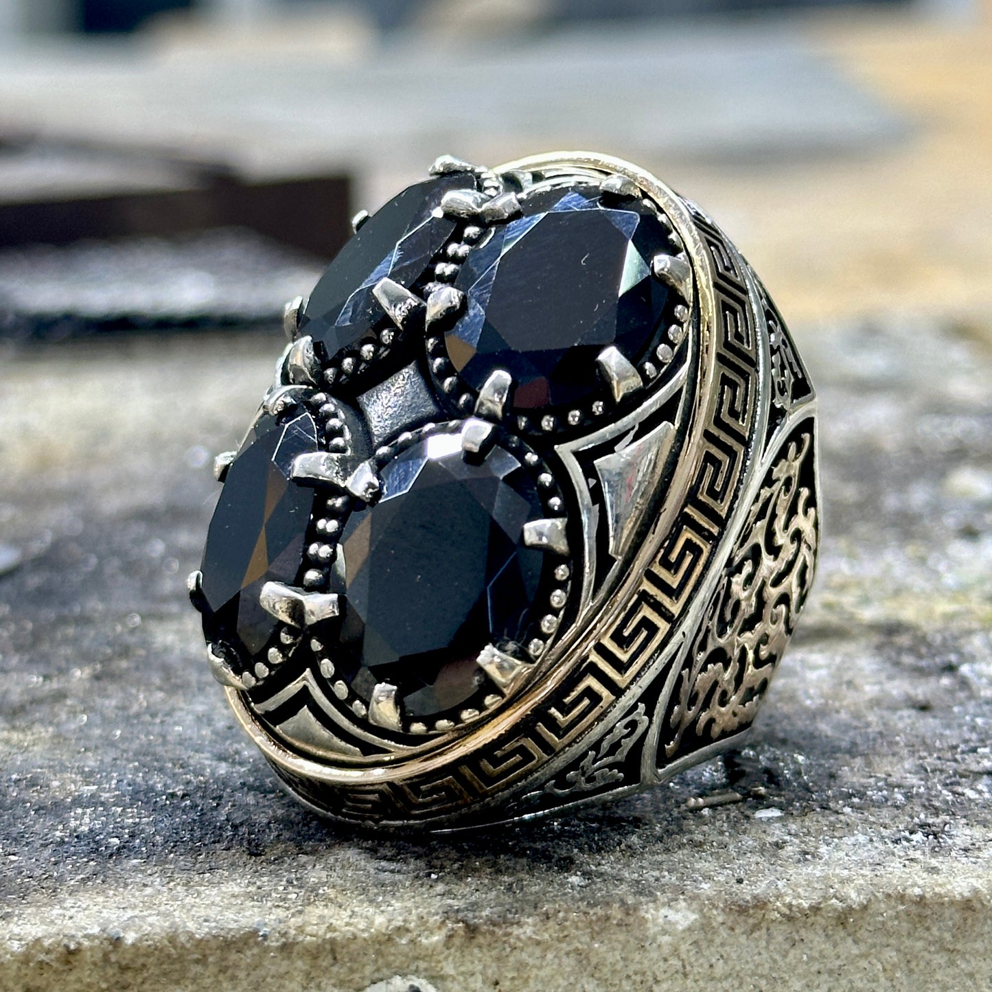 925 Silver Large Onyx Gemstone Greek Style Handmade Ring