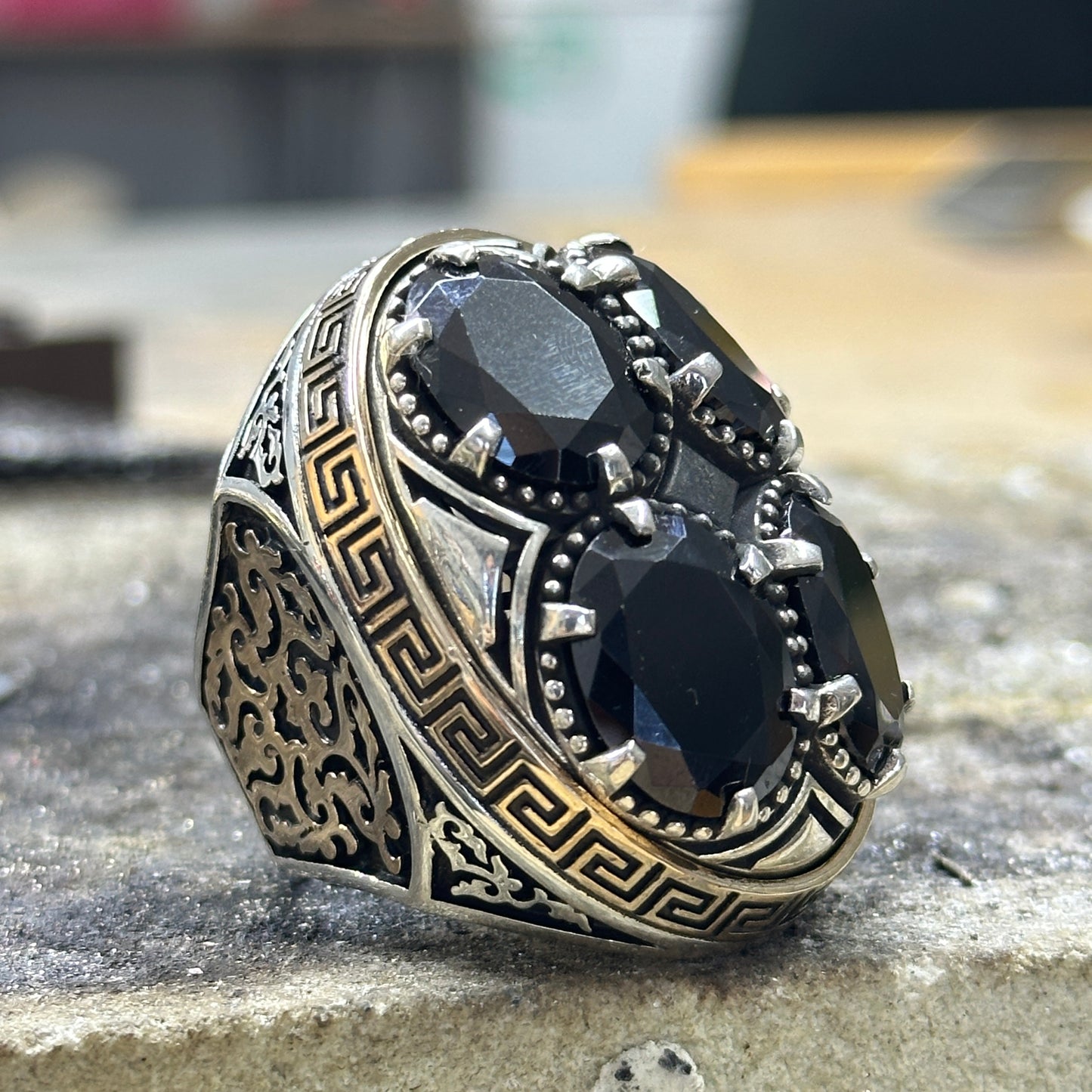 925 Silver Large Onyx Gemstone Greek Style Handmade Ring