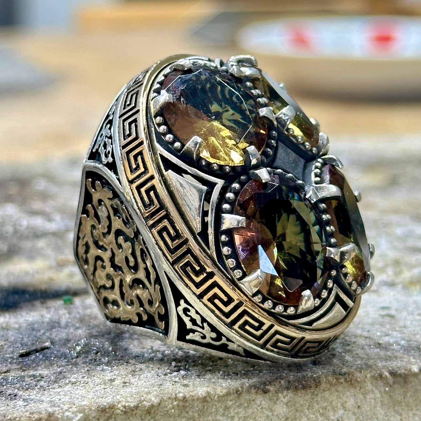 Men Silver Large Ottoman Style Natural Zultanite Gemstone Ring