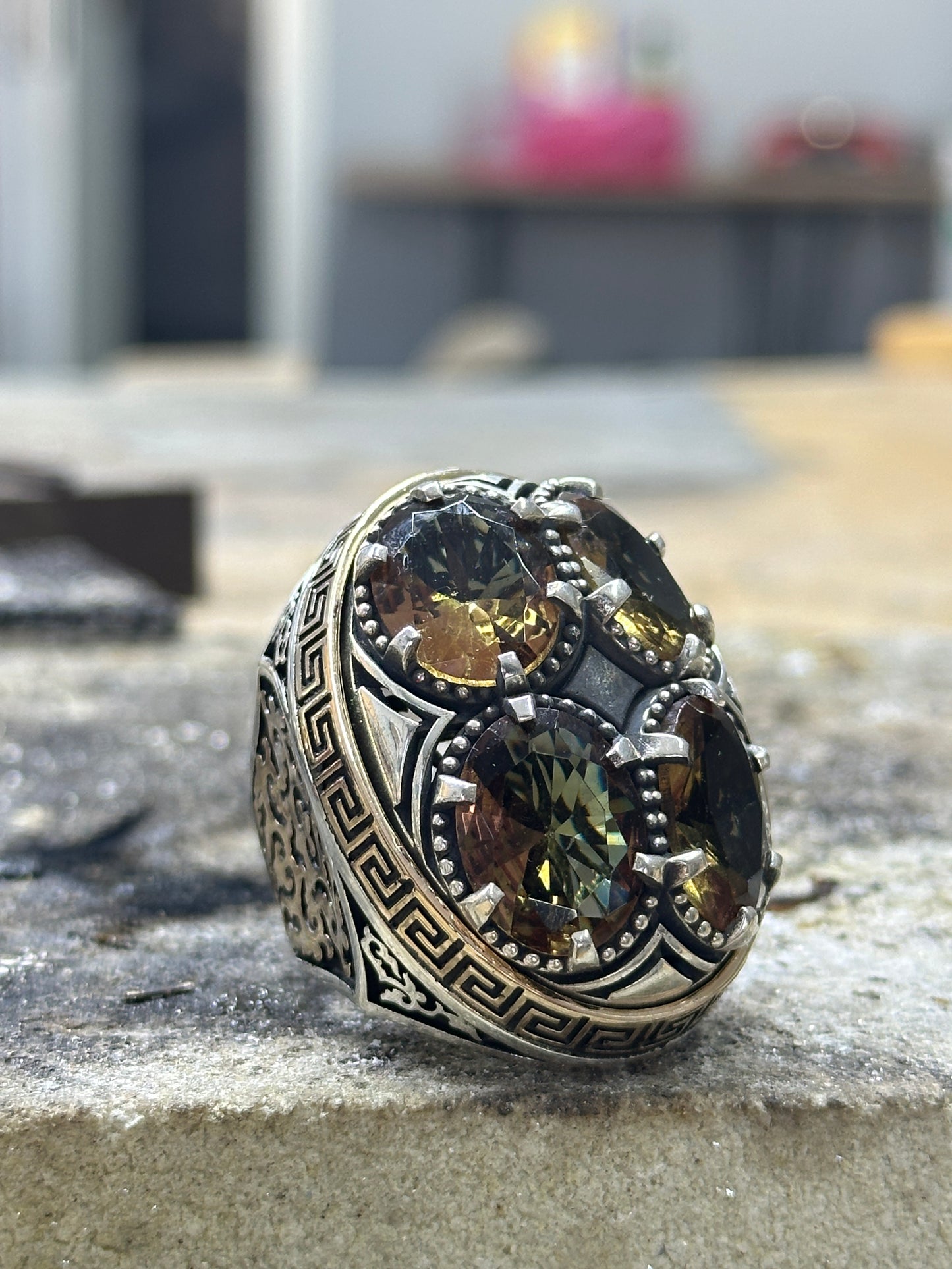 Men Silver Large Ottoman Style Natural Zultanite Gemstone Ring