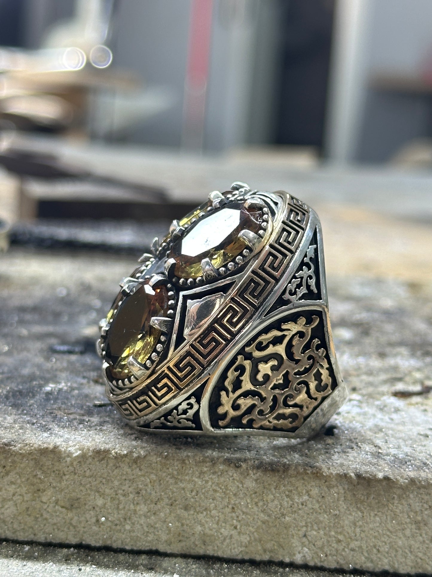 Men Silver Large Ottoman Style Natural Zultanite Gemstone Ring