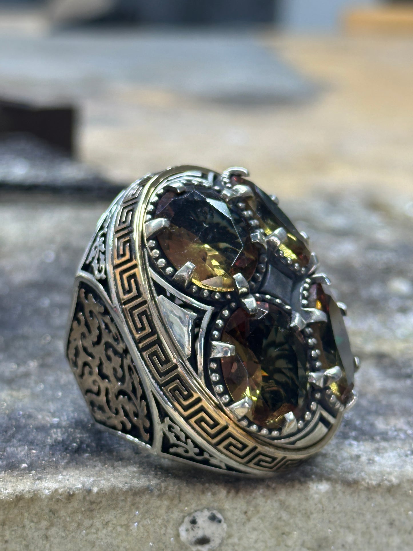 Men Silver Large Ottoman Style Natural Zultanite Gemstone Ring