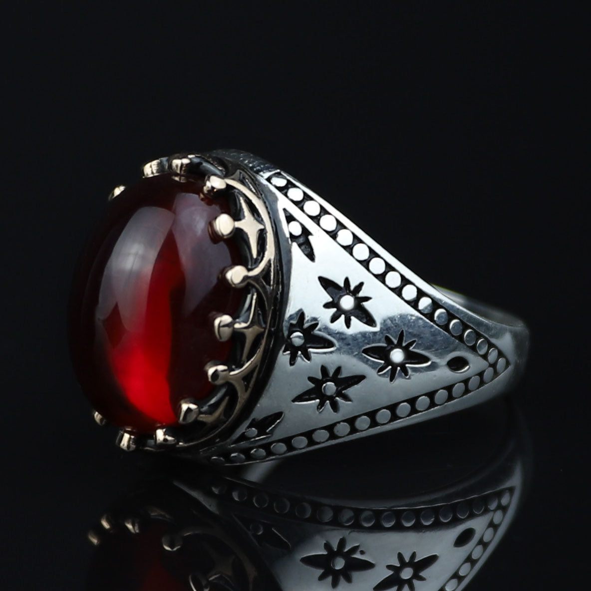 925 Silver Handmade Ruby Stone Ring, Engraved Vintage Ruby Ring, Oval Red Stone Ring, Ottoman Style Handmade Ring