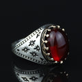 925 Silver Handmade Ruby Stone Ring, Engraved Vintage Ruby Ring, Oval Red Stone Ring, Ottoman Style Handmade Ring