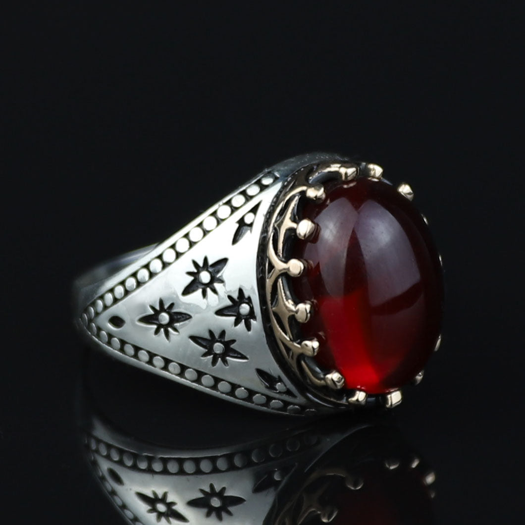 925 Silver Handmade Ruby Stone Ring, Engraved Vintage Ruby Ring, Oval Red Stone Ring, Ottoman Style Handmade Ring