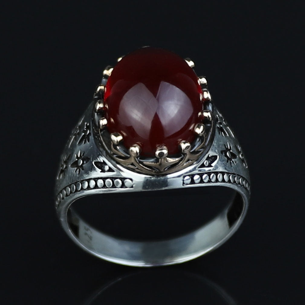 925 Silver Handmade Ruby Stone Ring, Engraved Vintage Ruby Ring, Oval Red Stone Ring, Ottoman Style Handmade Ring