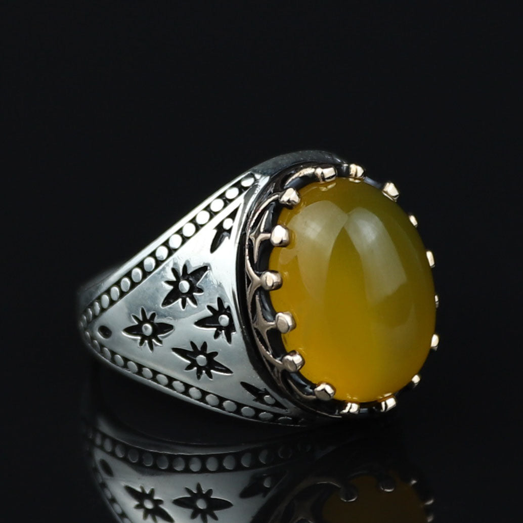 Men Handmade Yellow Agate Ring, 925 Silver Aqeeq Gemstone Ring , Genuine Yellow Agate Men Vintage Ring, Father Day Gift, 925k Silver