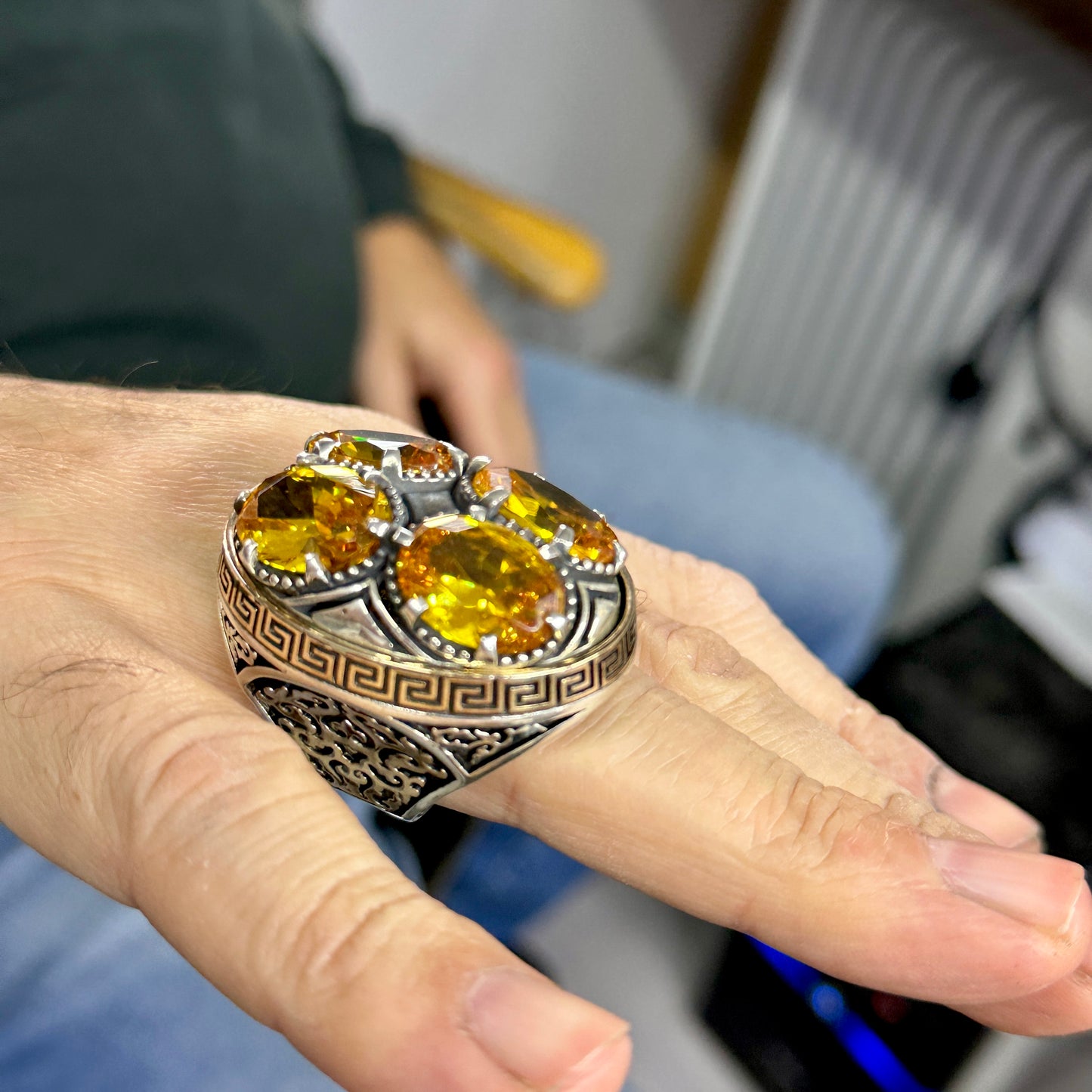 Men Silver Large Citrine Gemstone Handmade Ring