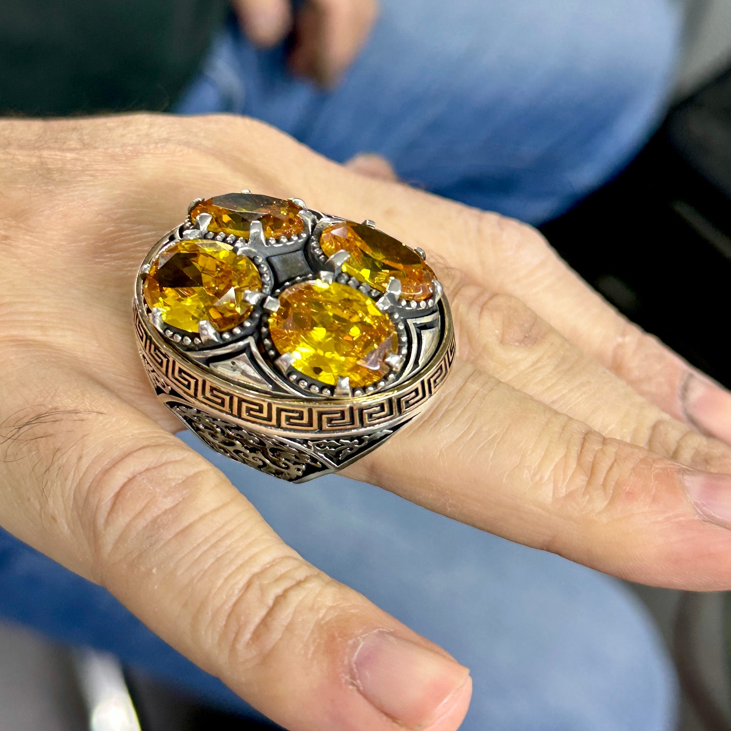 Men Silver Large Citrine Gemstone Handmade Ring