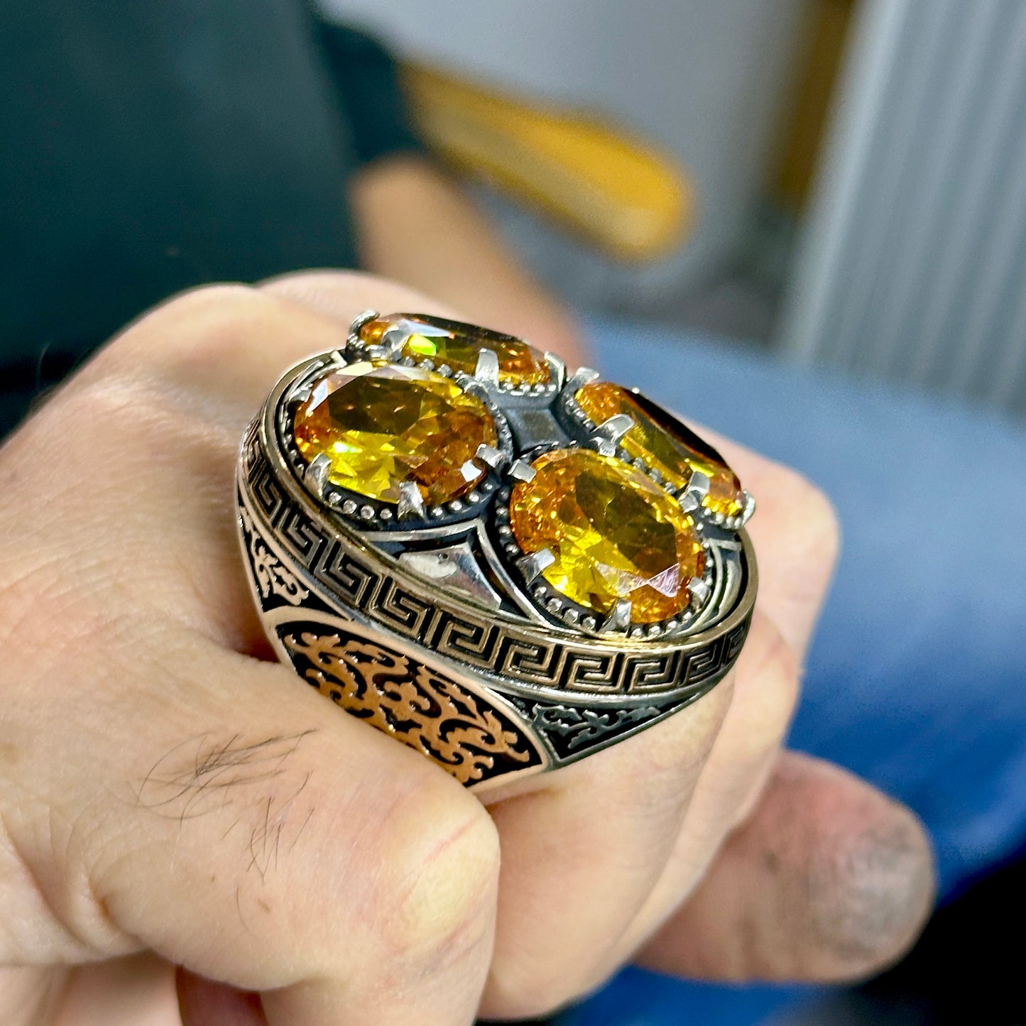 Men Silver Large Citrine Gemstone Handmade Ring