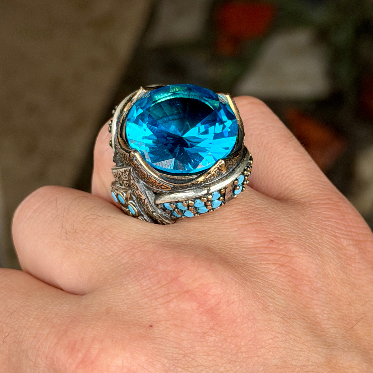 925 Sterling Silver Aquamarine Ring for Men – Vintage Ottoman Style