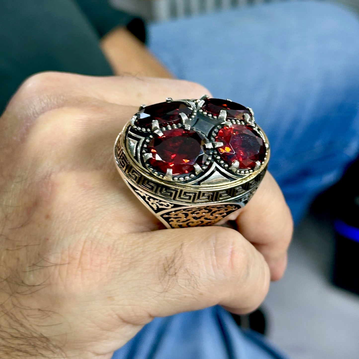 Men Silver Large Ruby Gemstone Ring Unique Greek Ottoman Ring