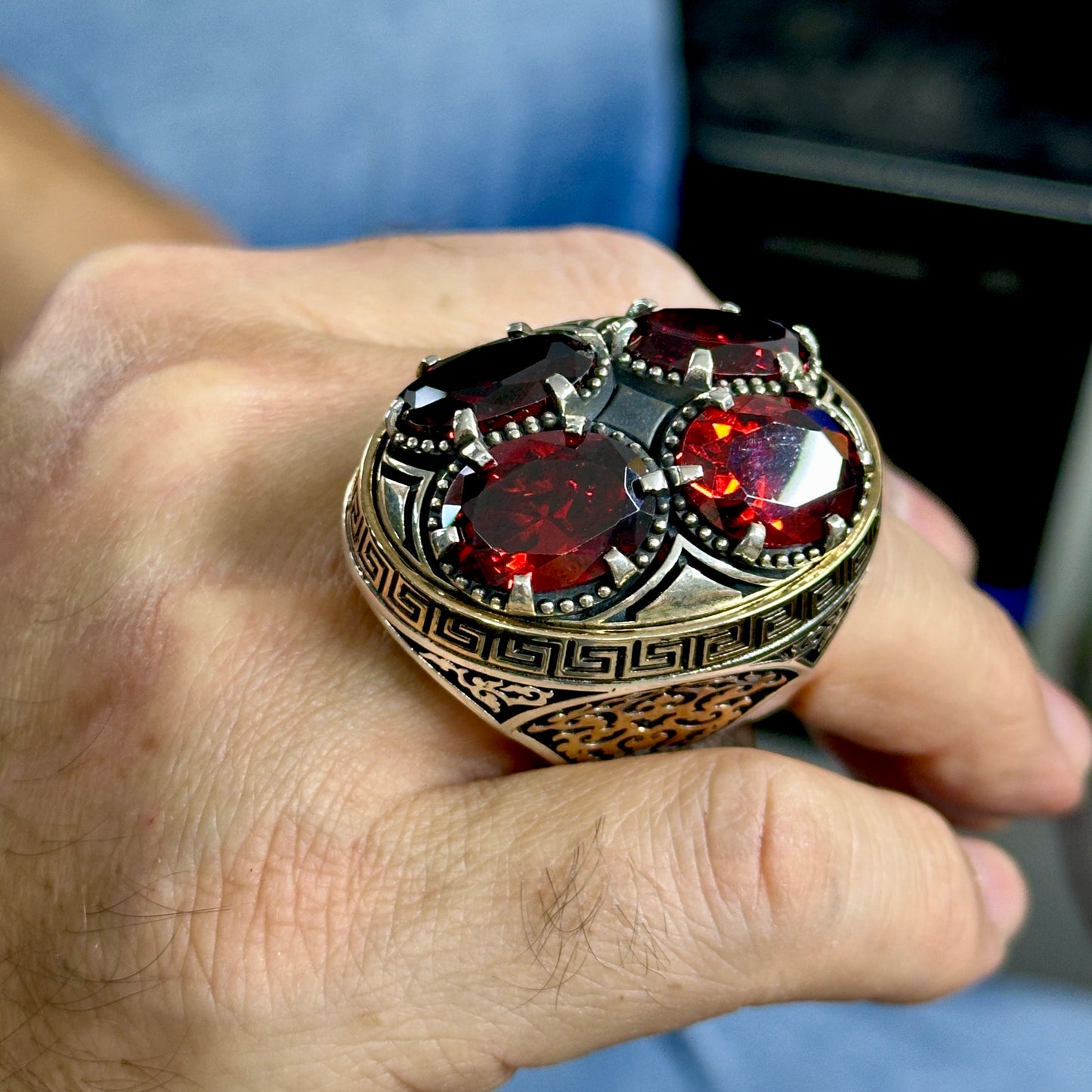 Men Silver Large Ruby Gemstone Ring Unique Greek Ottoman Ring