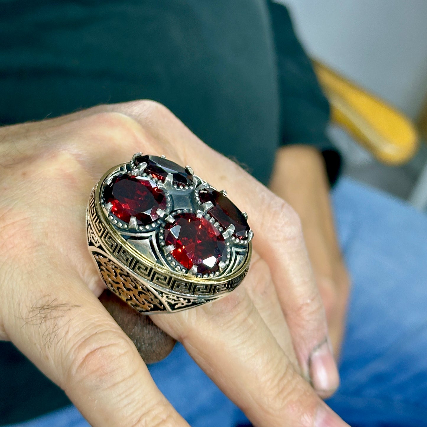 Men Silver Large Ruby Gemstone Ring Unique Greek Ottoman Ring