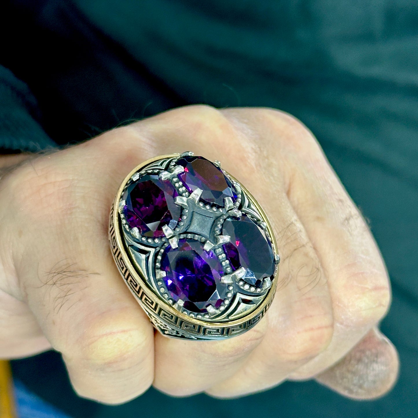 Men Silver Large Unique Amethyst Gemstone Handmade Ring