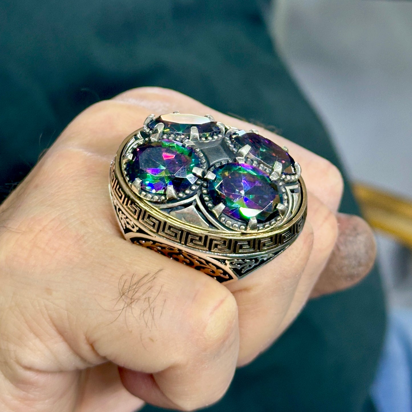 Silver Large Mystic Topaz Gemstone Ottoman Style Unique Ring