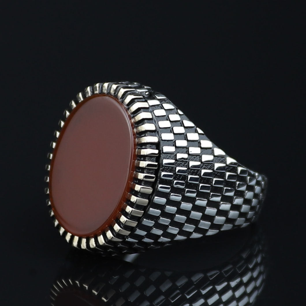 Sterling Silver Men Oval Red Agate Ring , Classic Aqeeq Carnelian Men Ring , Father Day Gift, Gift For Men , For Husband, 925k Silver