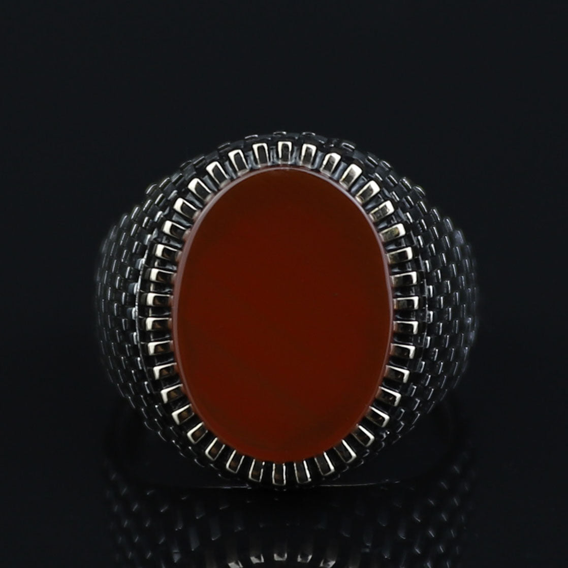 Sterling Silver Men Oval Red Agate Ring , Classic Aqeeq Carnelian Men Ring , Father Day Gift, Gift For Men , For Husband, 925k Silver