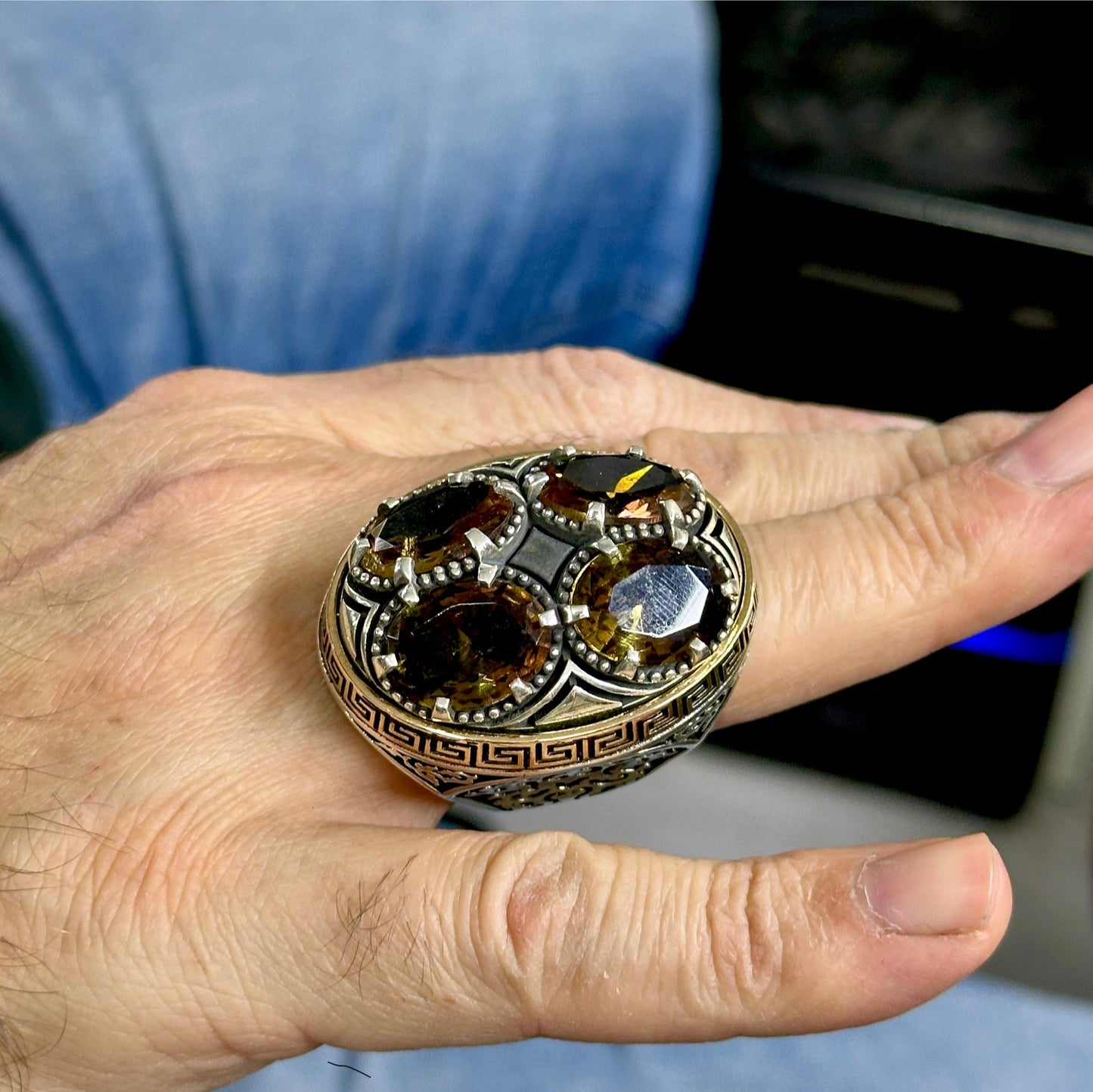 Men Silver Large Ottoman Style Natural Zultanite Gemstone Ring