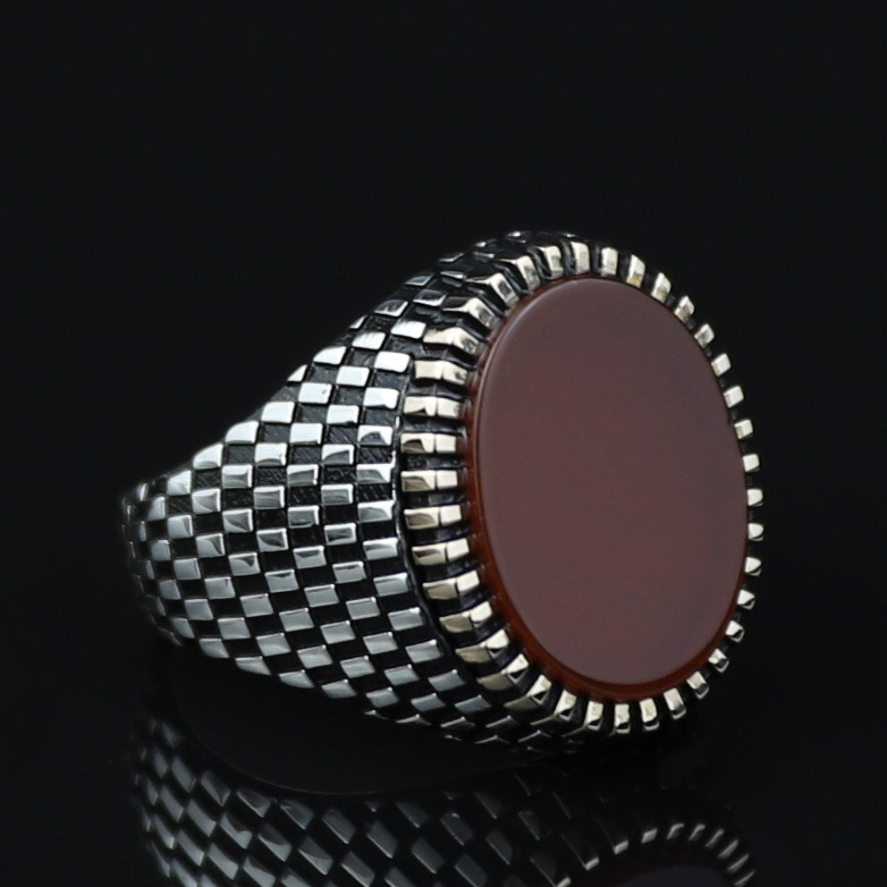Sterling Silver Men Oval Red Agate Ring , Classic Aqeeq Carnelian Men Ring , Father Day Gift, Gift For Men , For Husband, 925k Silver