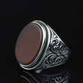 Men Handmade Engraved Agate Ring, Oval Red Agate Gemstone Ring, Turkish Handmade Red Aqeeq Ring, 925k Sterling Silver Ring