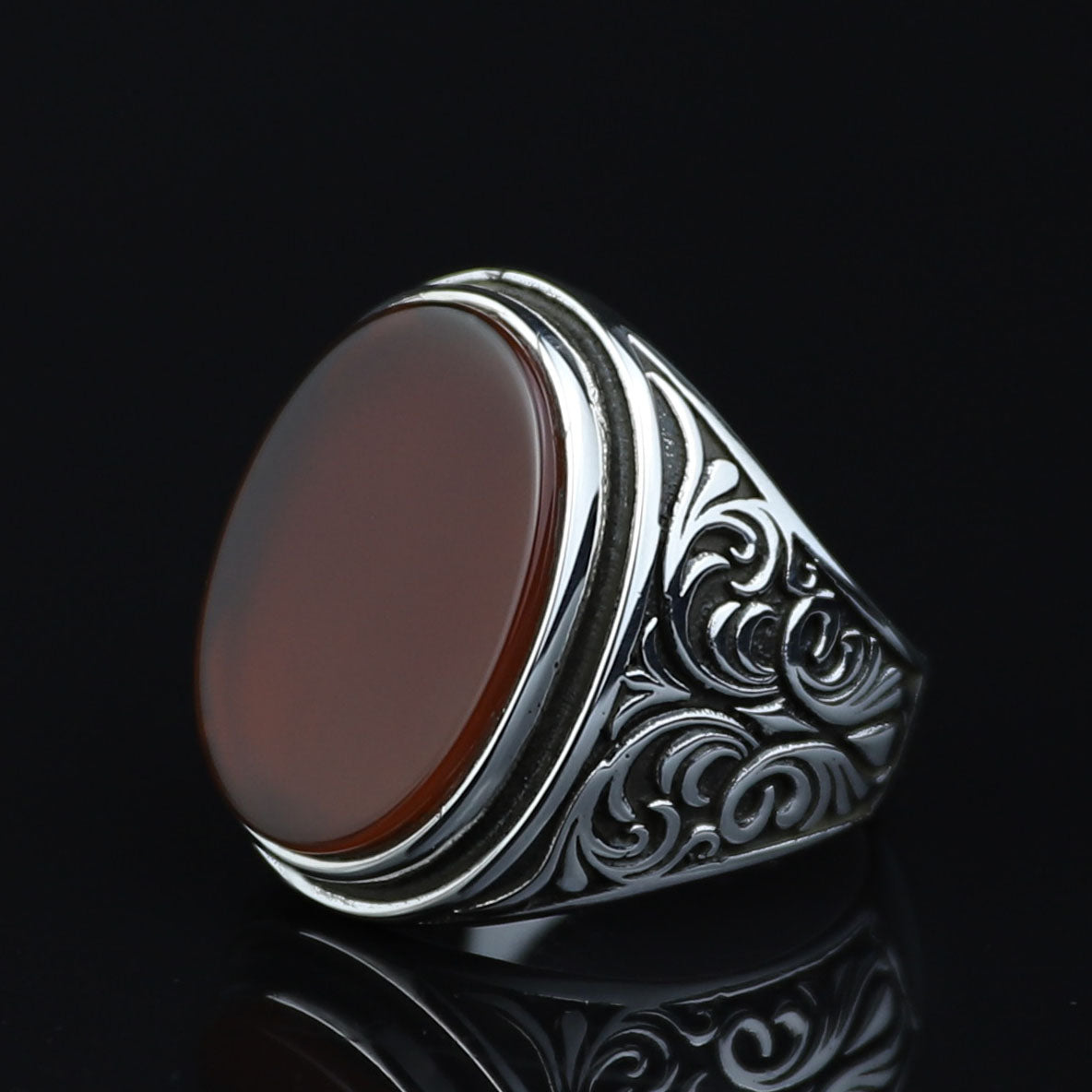 Men Handmade Engraved Agate Ring, Oval Red Agate Gemstone Ring, Turkish Handmade Red Aqeeq Ring, 925k Sterling Silver Ring