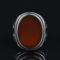 Men Handmade Engraved Agate Ring, Oval Red Agate Gemstone Ring, Turkish Handmade Red Aqeeq Ring, 925k Sterling Silver Ring