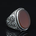 Men Handmade Engraved Agate Ring, Oval Red Agate Gemstone Ring, Turkish Handmade Red Aqeeq Ring, 925k Sterling Silver Ring