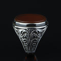 Men Handmade Engraved Agate Ring, Oval Red Agate Gemstone Ring, Turkish Handmade Red Aqeeq Ring, 925k Sterling Silver Ring