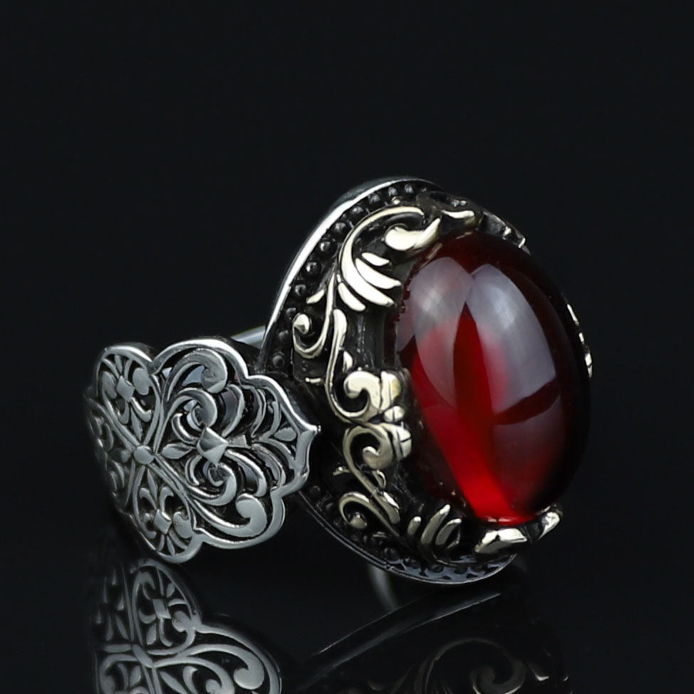 Silver Vintage Oval Ruby Stone Ring, Handmade Men Silver Ring, Raw Ruby Stone Ring, Minimal Silver Ring , Ottoman Style Ring