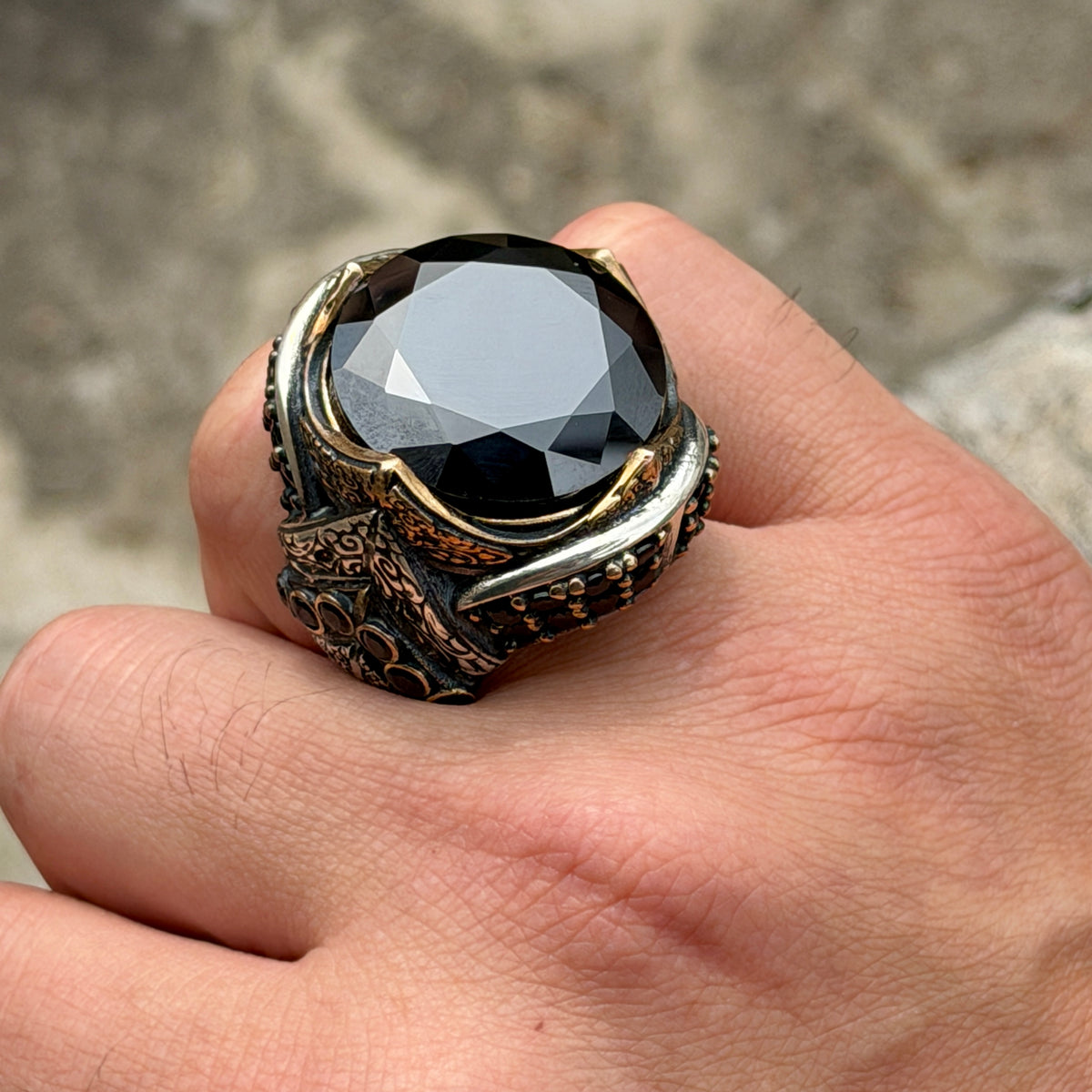 925 Sterling Silver Black Diamond Ring for Men – Vintage Ottoman Style