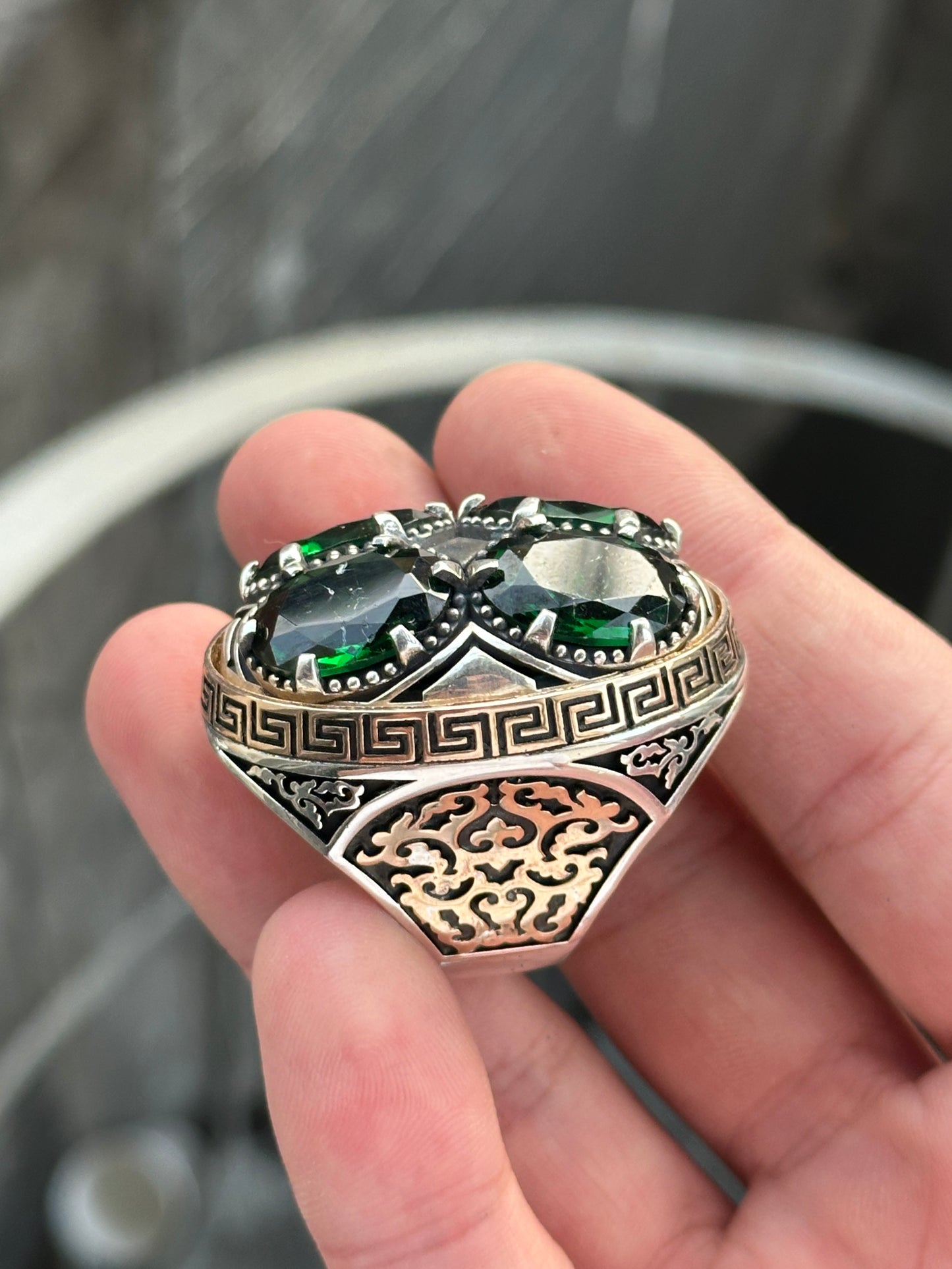 Men Silver Large Emerald Gemstone Handmade Ring